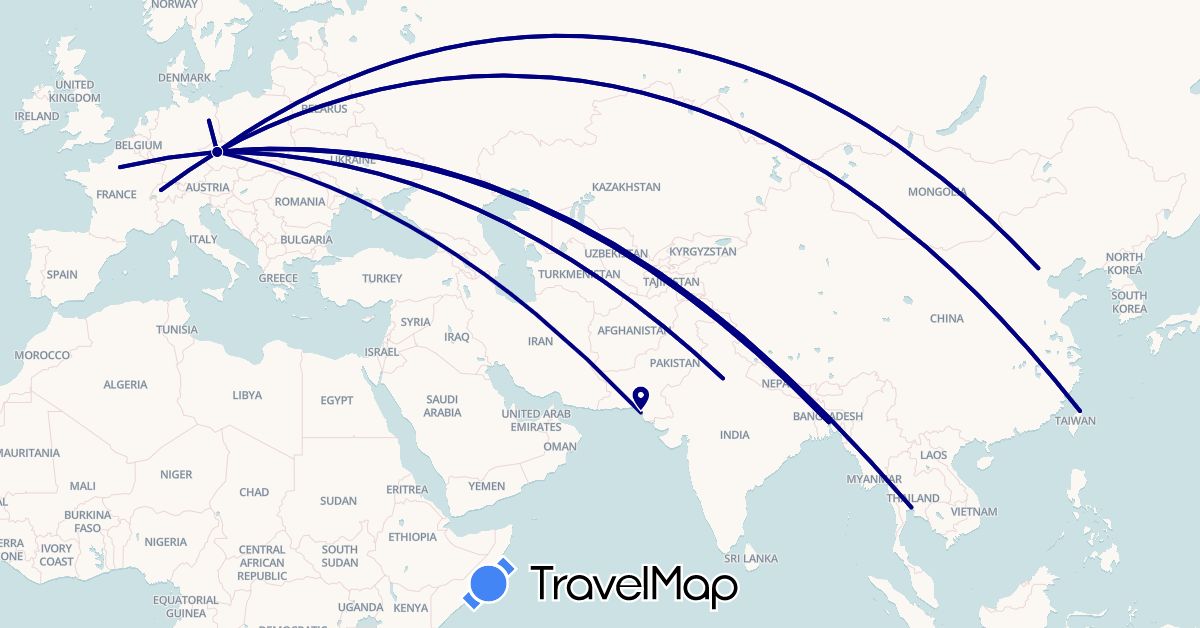 TravelMap itinerary: driving in Bangladesh, Switzerland, China, Czech Republic, Germany, France, India, Pakistan, Thailand, Taiwan (Asia, Europe)